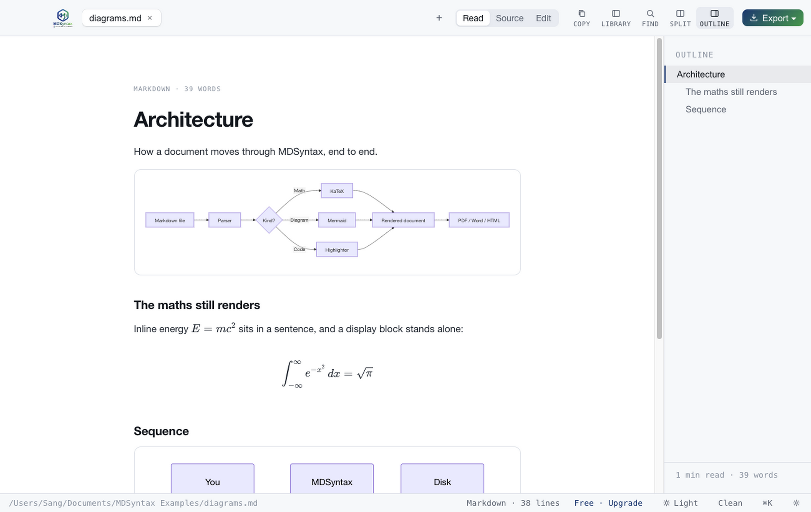 Mermaid diagram and KaTeX maths rendered inline